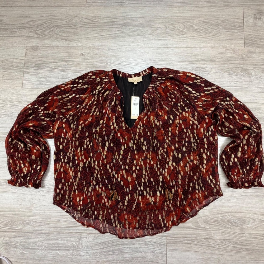 Love the Label Anthropologie Red Metallic Peasant Blouse Top Style 3007Large NWT